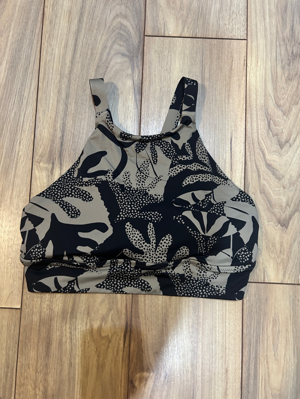 Prana Swim Black and Taupe Abstract Leaf Sports Bra